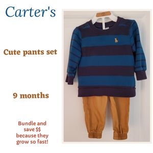 Carter's 2pcs Outfit Blue Stripes & Gold Pants 9 months